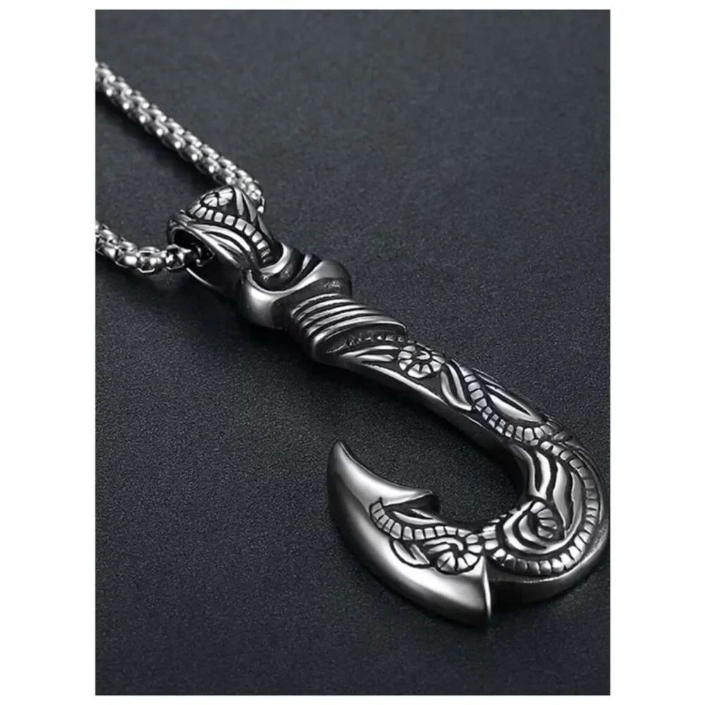 Bohemian Engraved Ocean Fishhook Pendant Cross-Culture Fusion Maritime Talismans